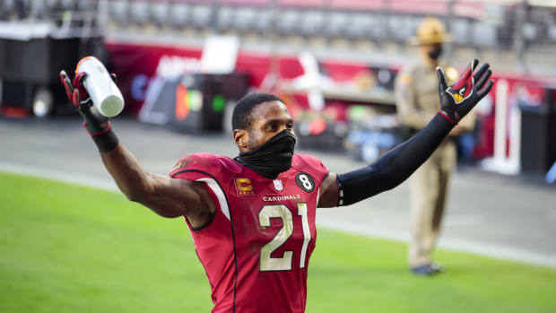 Arizona Cardinals cornerback Patrick Peterson (21) celebrates in the second half against the Buffalo Bills at State Farm Stadium.